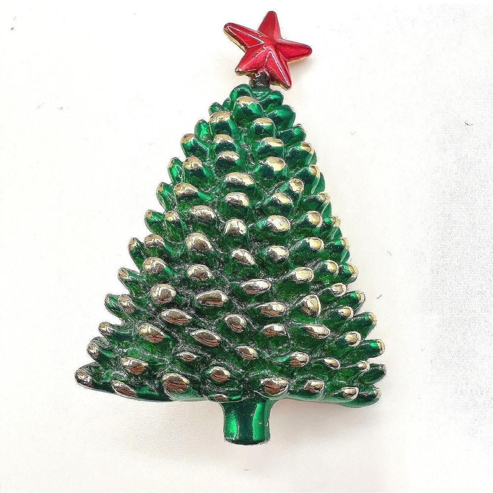 Vintage 90s Christmas Tree Brooch Pin Retro Gold Tone Classic Fashion Jewelry